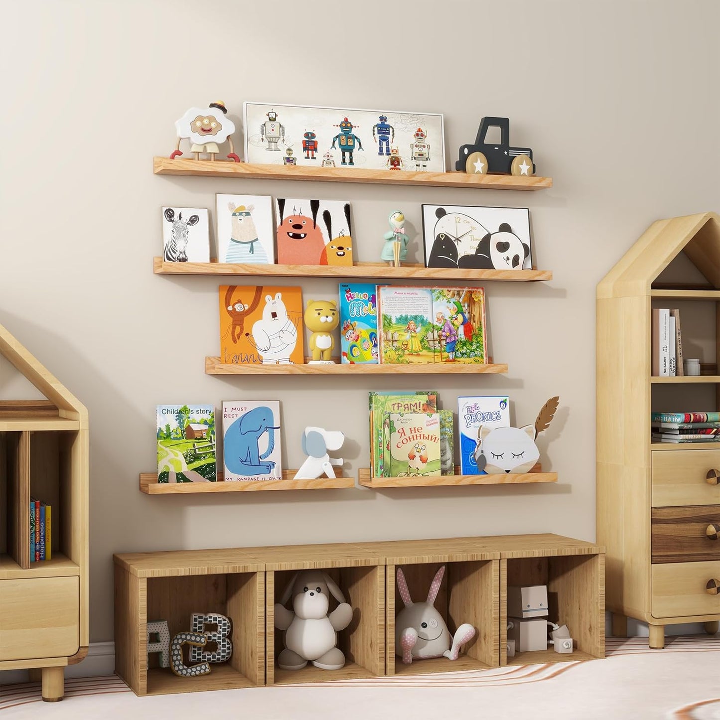 Floating Picture Ledge Shelves 55 Inch Solid Oak Wood Set of 2, Rustic Wall Storage Shelves with Lip, Kids Bookshelf, Photo & Picture Ledge Shelves for Bedroom, Living Room, Kitchen