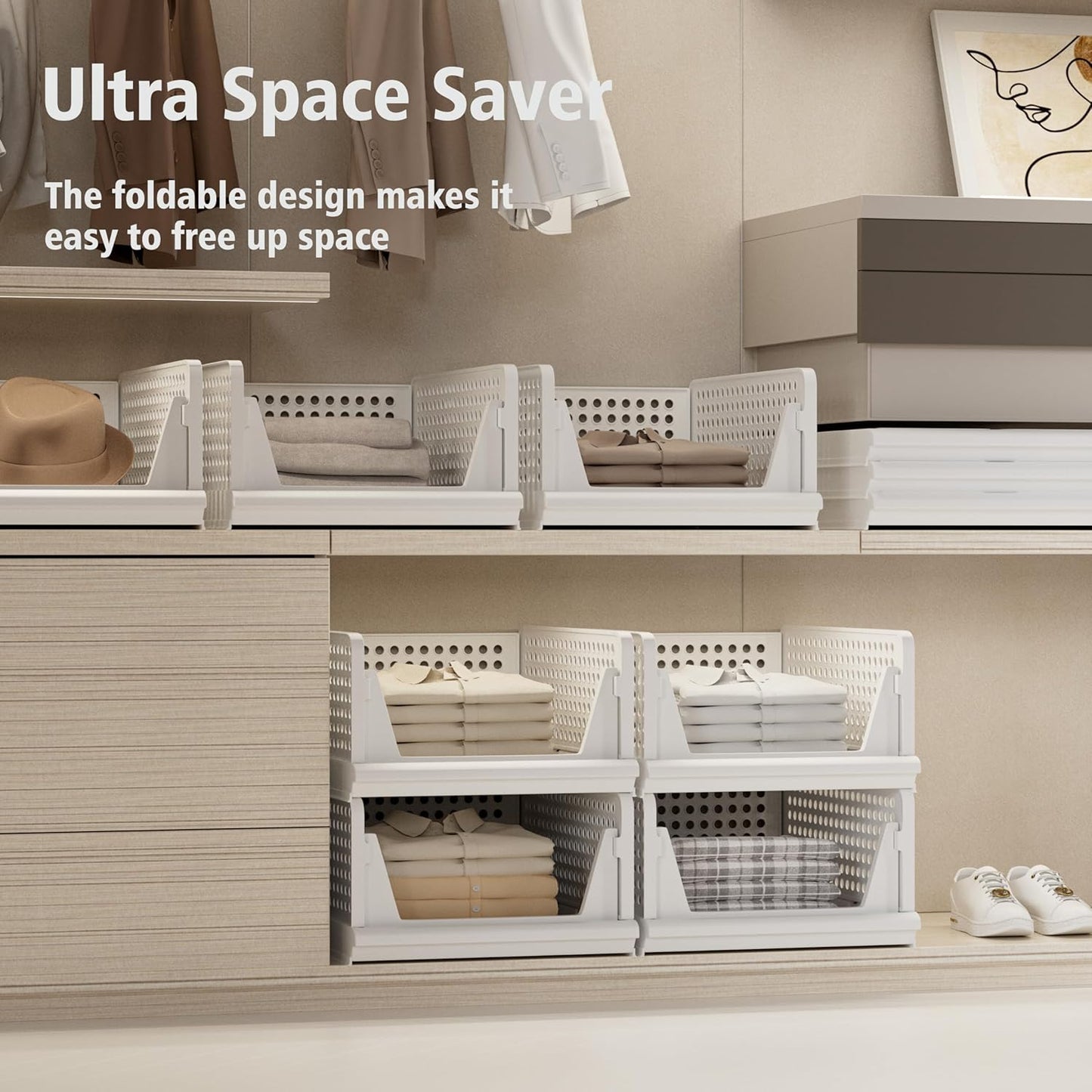 5 Pack Stackable Plastic Storage Basket Closet Organizer Bin Foldable Clothes Organizer Storage Drawer Shelf Container for Living Room Bathroom Kitchen Office (5L)