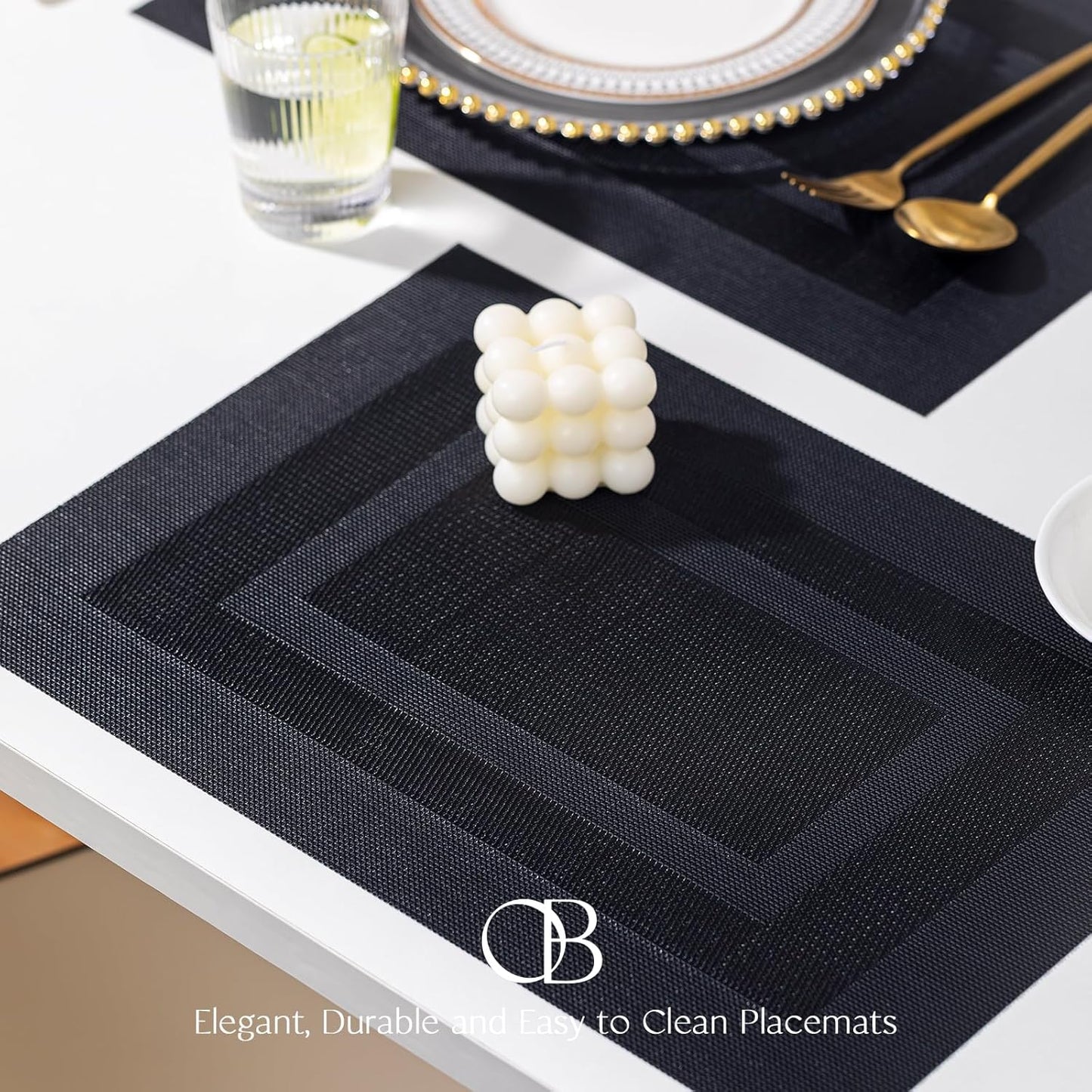Placemats Set of 12 - Easy Clean Woven Vinyl Placemats for Dining Table, Indoor/Outdoor Place Mats, Washable PVC Table Mats（Black Cube）