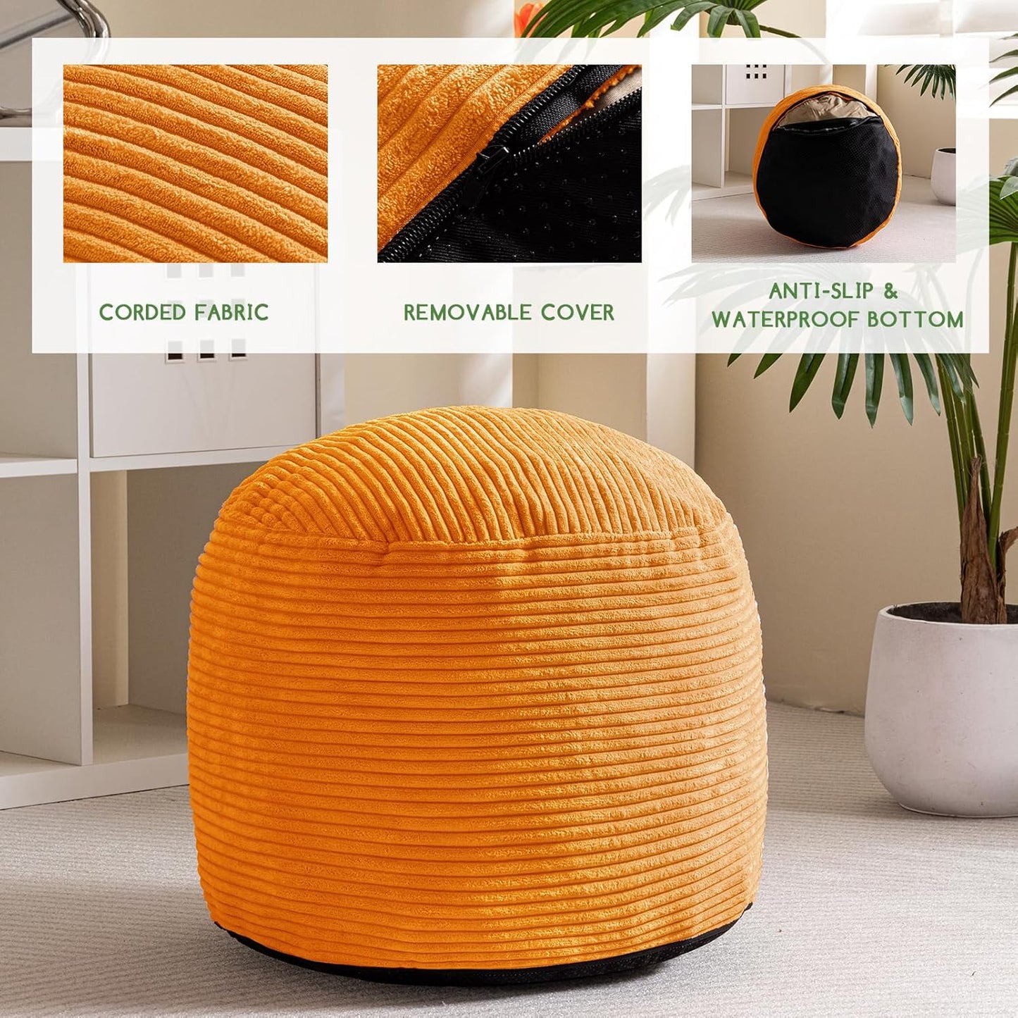 HIGOGOGO Round Stuffed Pouf Ottoman, Corduroy Poufs with Foam Chunk Filling, Furry and Fluffy Pouf Foot Stool Storage Ottoman, 20 X 15 Floor Poufs Foot Rest for Living Room, Orange