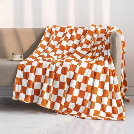 LOMAO Throw Blankets Flannel Blanket with Checkerboard Grid Pattern Soft Throw Blanket for Couch, Bed, Sofa Luxurious Warm and Cozy for All Seasons (Orange, 90"x90")
