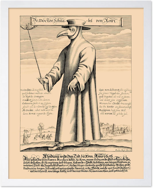 Poster Master Vintage Medieval Poster - Retro Illustration Print - Gift for Friend - Plague Doctor, Pandemic Mask, Physician, Black Death - Wall Decor for Home, Living Room, 8x10 White Framed