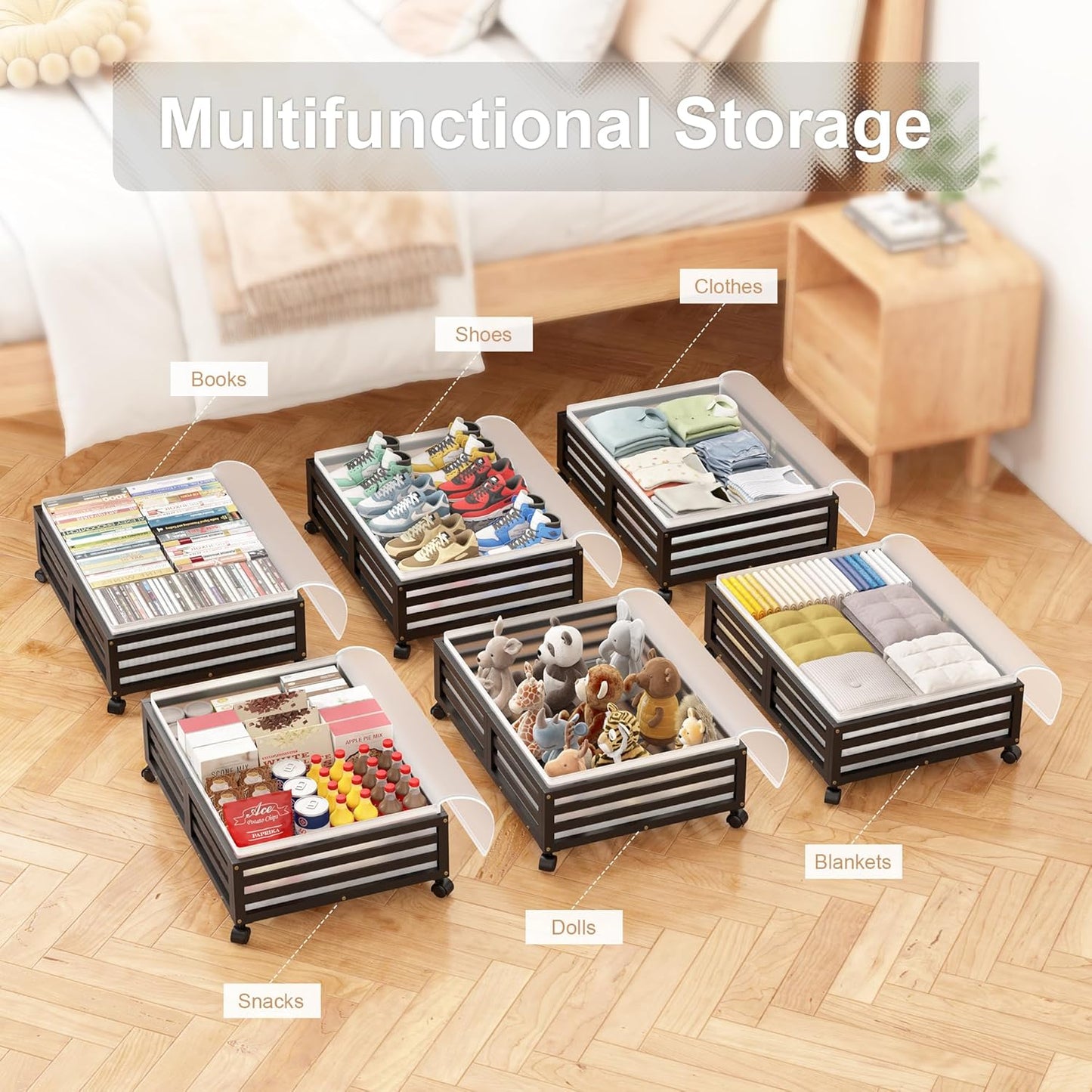Under Bed Storage with Wheels-Large Bamboo Underbed storage Containers with Large Dust Bag Stackable Under the Bed Shoe Storage Bins for Clothes Books Bedding (2 Packs Black, 23.62"L×16.54"W× 6.51"H)