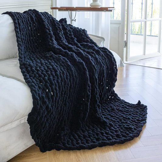 Chunky Knit Blanket - Luxury Soft Cozy 50 * 60 Throw Blanket,100% Woven Blanket Rope Knot Throw Blanket for Couch, Sofa, Home Decor, Gift - Machine Washable（Black）