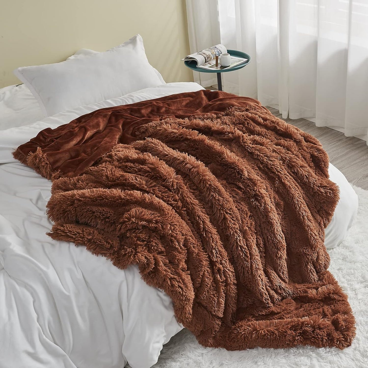 GONAAP Fuzzy Faux Fur Throw Blanket Twin Size Coffee Super Soft Cozy Plush Fuzzy Shaggy Blanket for Couch Sofa Bed (Coffee, Twin(60"x80"))