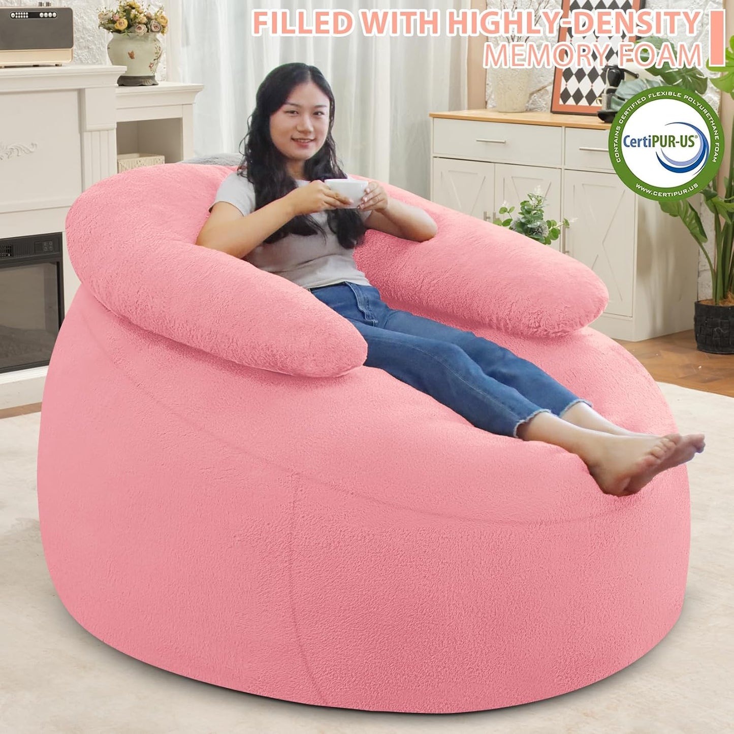 HABUTWAY Bean Bag Chair with U-shaped Pillow for Adult and Kids Big BeanBag Chair with Filling Ultra Soft Faux Fur Couch Chair with Washable Cover for Living Room Bedroom Office, Light Pink&Light Pink