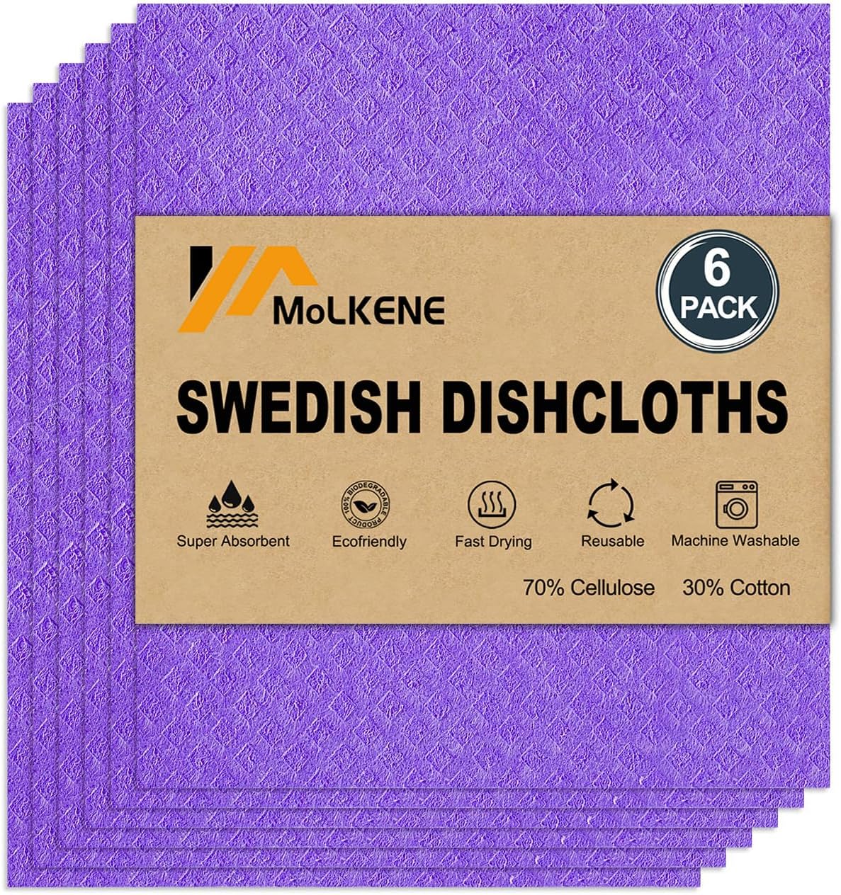 Swedish Dishcloths for Kitchen | 6 Pack Absorbent Cellulose Sponge Cloths Washable | Non-Scratch Reusable Paper Towels Quick Drying Cleaning Cloths - Purple