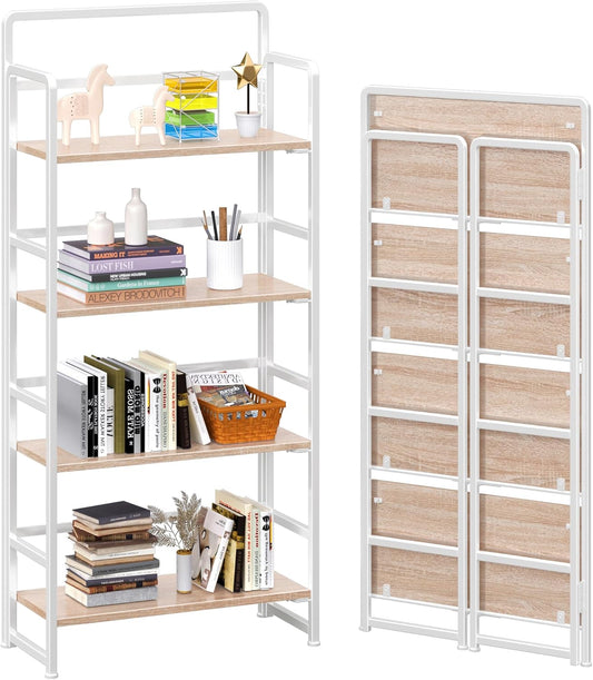 4NM No Assembly Foldable Bookshelf, 4-Shelf Collapsible Bookcase Storage for Small Spaces, 54" H, Natural White