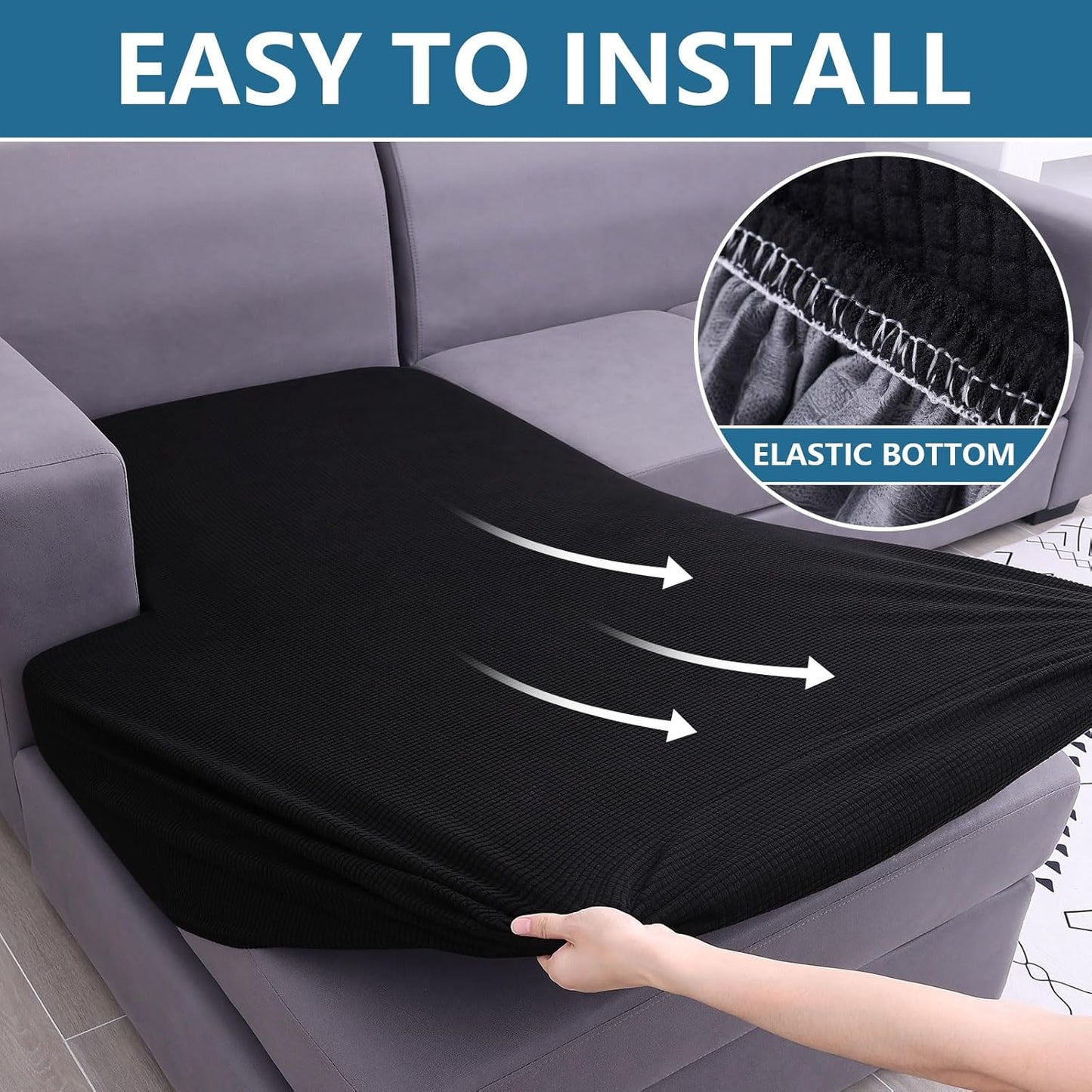 hyha Waterproof Sectional Couch Covers, Non Slip Sofa Couch Cushion Covers L Shape, Thick Stretch Jacquard Fabric, Washable Sofa Slipcovers with Elastic Bottom (1 Piece for Chaise XL, Black)