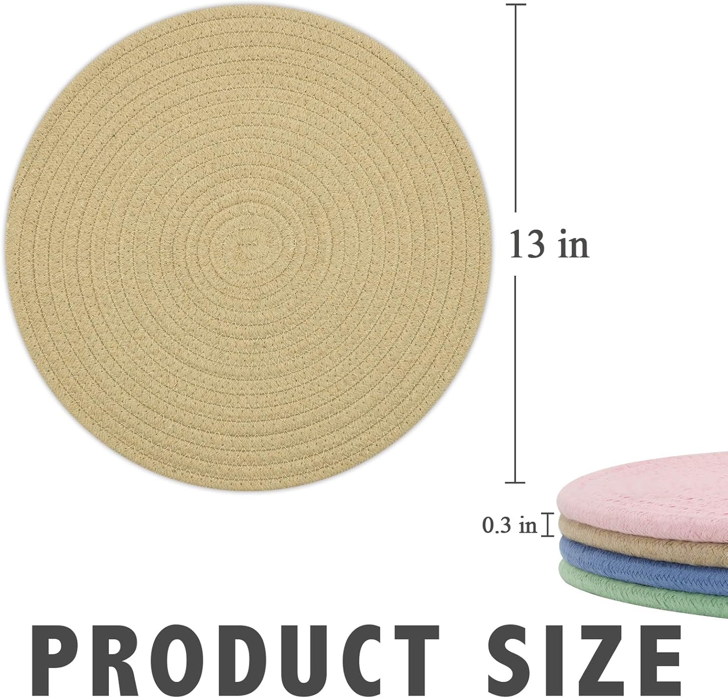 Round Placemats Set of 6, Cotton Rope Woven Table Mats, Hot Pads for Kitchen, Non Slip Heat Resistant Place Mats, 13 Inches Braided Placemat for Farmhouse Decor and Kitchen Table Decor (Khaki)