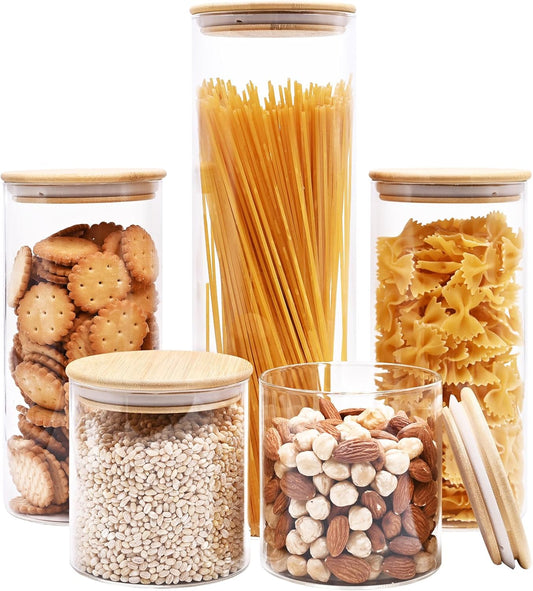 Glass Food Storage Jars, Glass Jars with Bamboo Lids, Kitchen Storage Jars, Canisters with Airtight Lids for Spice, Coffee, Cookie, Set of 5, Pantry Organizers