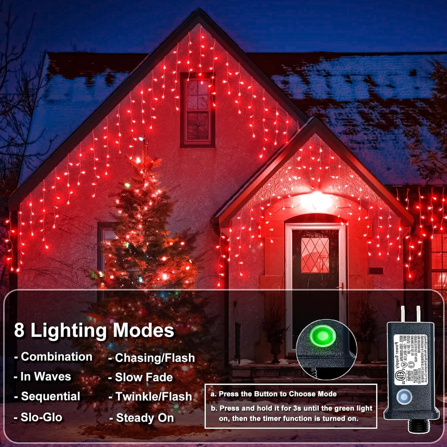 Christmas Icicle Lights Outdoor, 66FT 640 LED Icicle Lights for Outside with 8 Modes Timers, Waterproof Plug in String Light for House Yard Eave Patio Wedding Party Holiday Decorations, Red