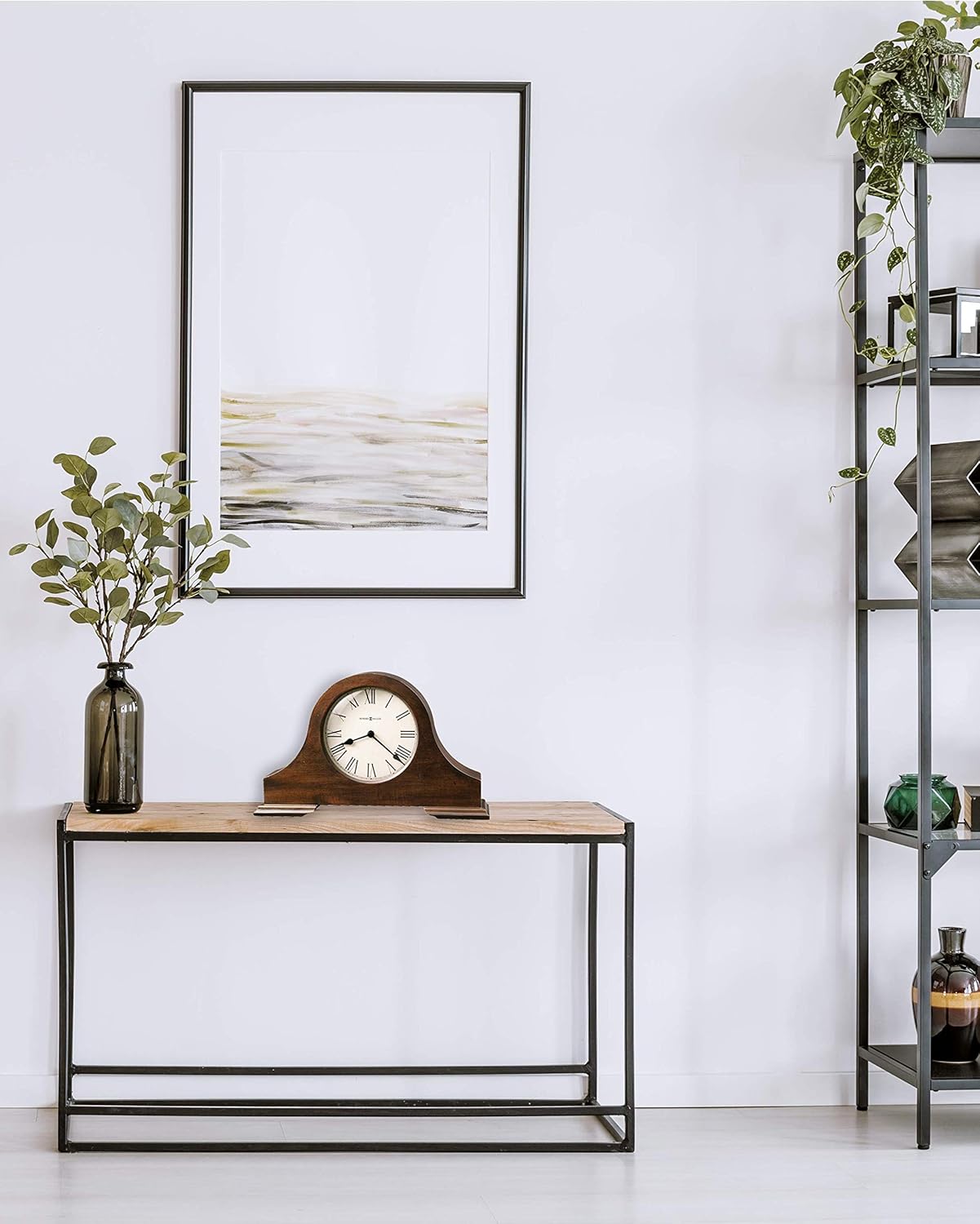 Howard Miller Humphrey Mantel Clock, Roman Numerals Analog Dial with Quartz Movement Triangular Burl Overlays, Hampton Finish Aged Vintage Design for Home Decor, Bedroom & Living Room