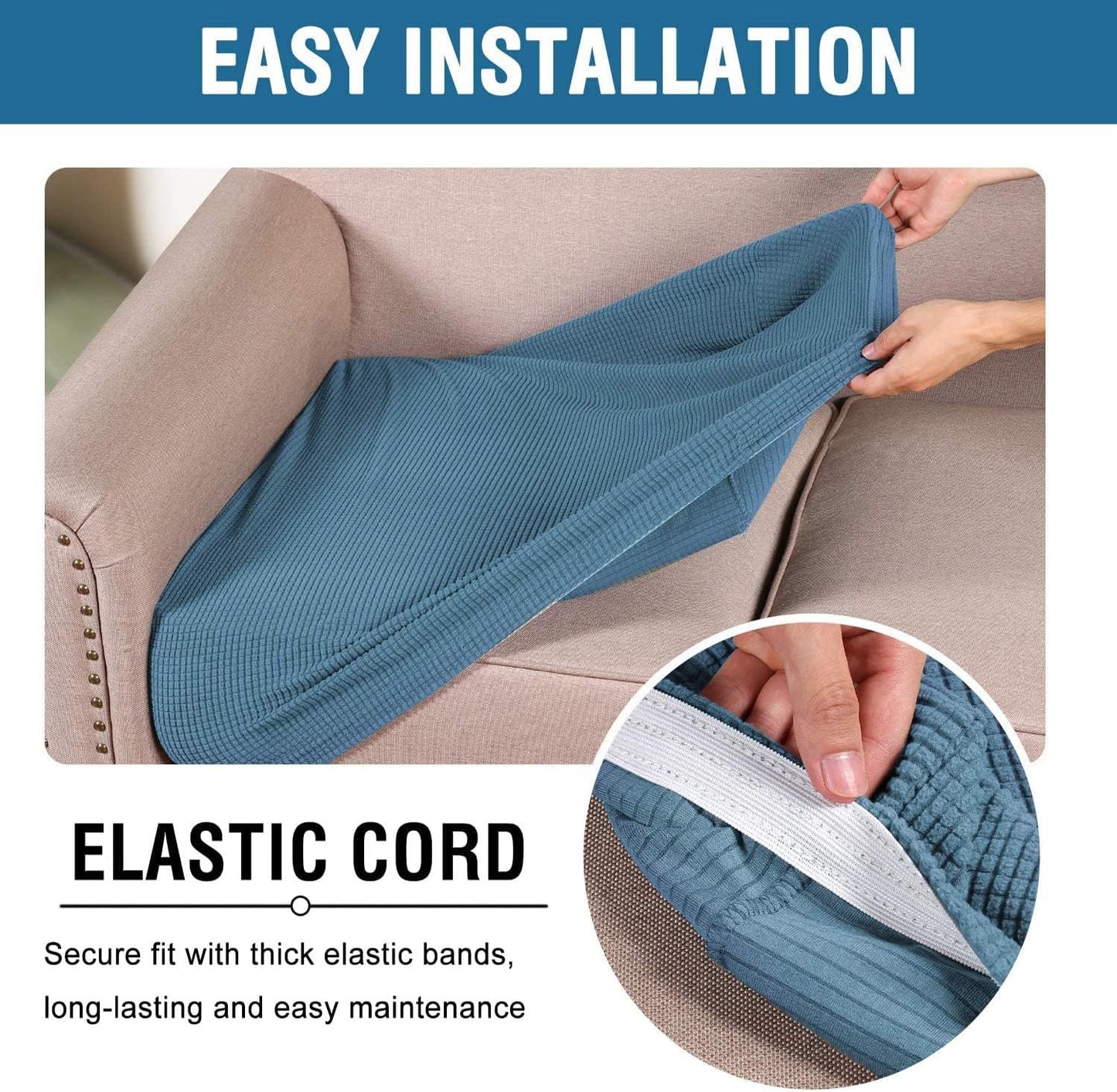 H.VERSAILTEX Super Stretch Individual Seat Cushion Covers - Sofa & Couch Cushion Slipcover Sets - Thick Jacquard Textured Twill Fabric (3 Piece XL Sofa Cushion Covers, Dusty Blue)