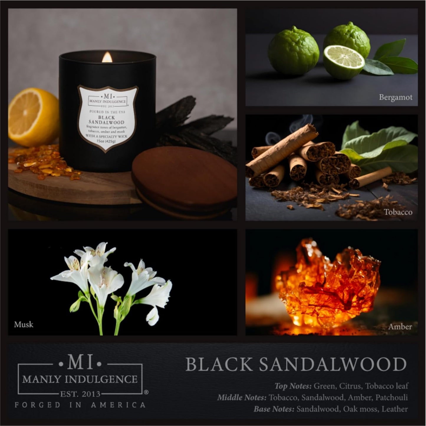 Manly Indulgence Black Sandalwood Scented Candle for Men 15 oz – Bergamot, Tobacco, Amber & Musk - Wood Wick - Up to 60 Hours Burn - Soy Blend Wax, USA Poured – Signature Collection