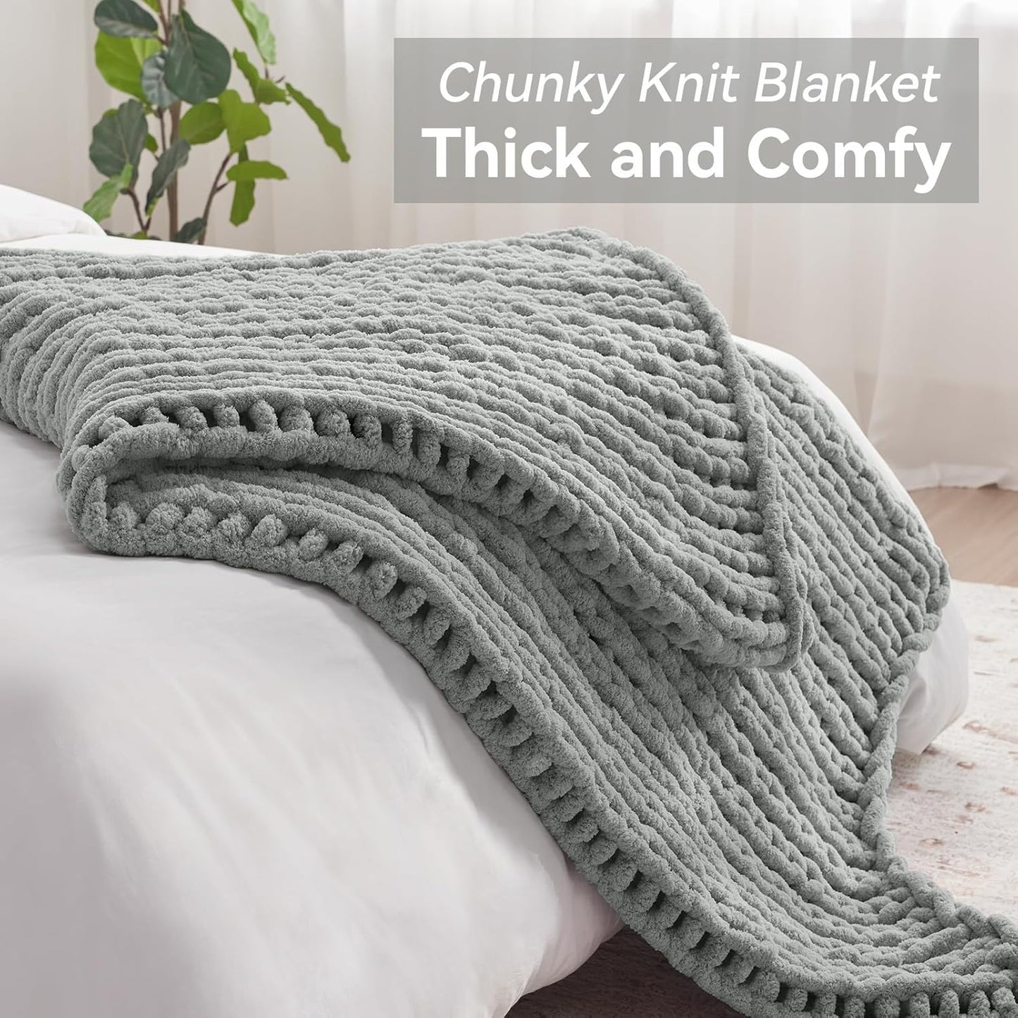 Chunky Knit Throw Blanket, 50''*60'' Knitted Throw Chenille Yarn for Bed Couch, Handmade Light Grey Crochet Big Thick Blanket, Machine Washable Cute Comfy Blanket for Home Decor