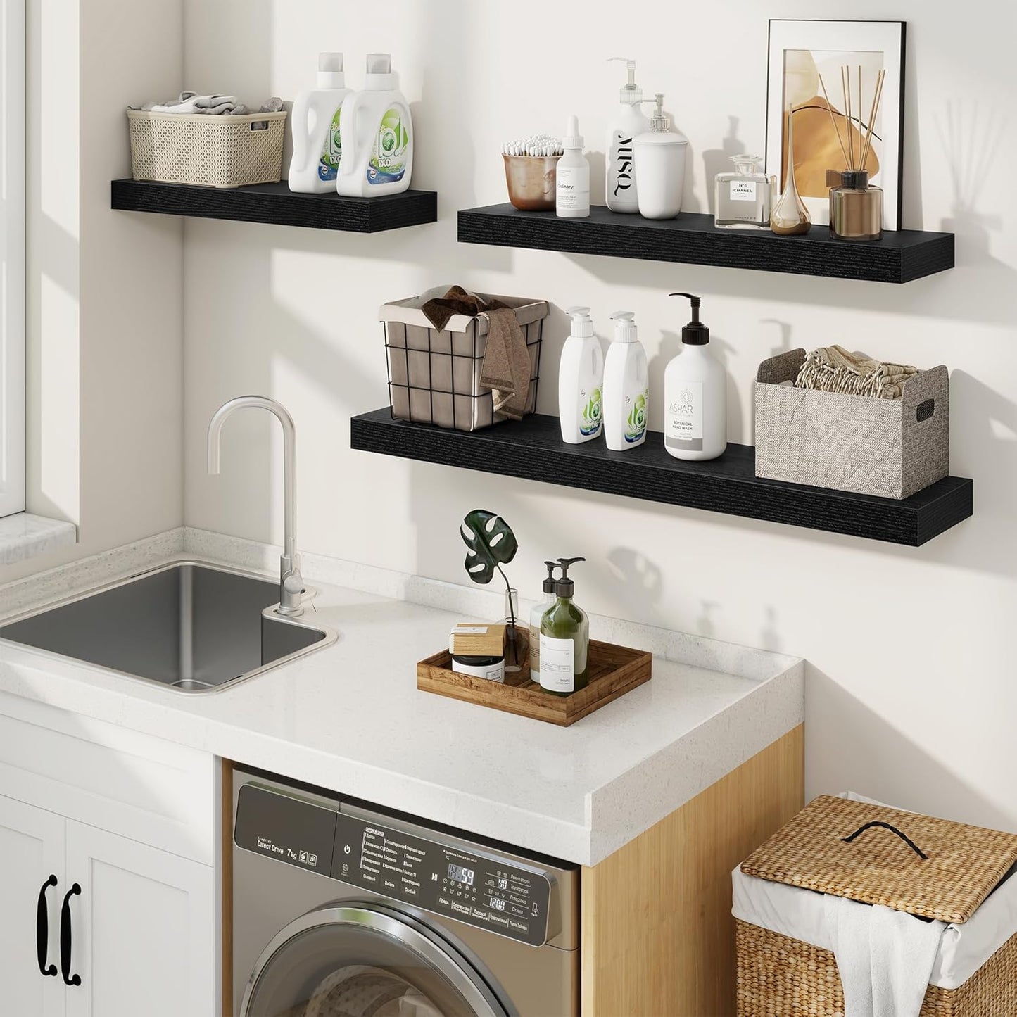 fuqing Floating Shelves for Wall, Bathroom Shelf Wall Mounted for Storage, Shelves with Invisible Bracket for Bedroom, Kitchen, Living Room, Farmhouse Small Book Shelf, 40 Inch Set of 2, Black