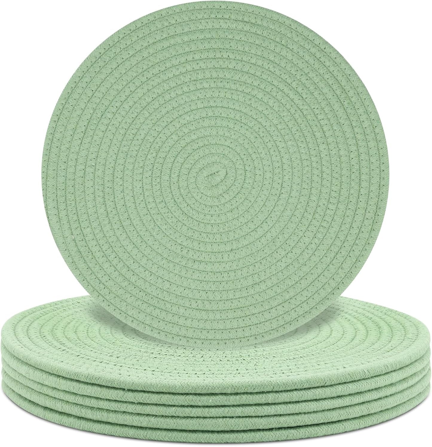 Round Placemats Set of 6, Cotton Rope Woven Table Mats, Hot Pads for Kitchen, Non Slip Heat Resistant Place Mats, 13 Inches Braided Placemat for Farmhouse Decor and Kitchen Table Decor (Green)
