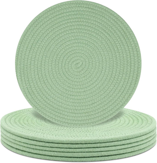 Round Placemats Set of 6, Cotton Rope Woven Table Mats, Hot Pads for Kitchen, Non Slip Heat Resistant Place Mats, 13 Inches Braided Placemat for Farmhouse Decor and Kitchen Table Decor (Green)