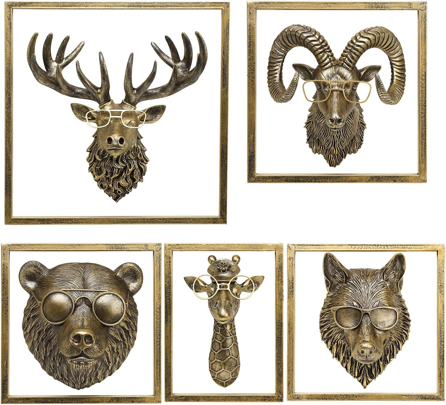 JJALIGHTS Animal Heads Wall Decor Resin Animals Sculptures Head Wall Hanging Decoration Imitation Copper vintage Wall Sculpture for Living Room Bedroom Office(5pcs,Includes Metal Frame)
