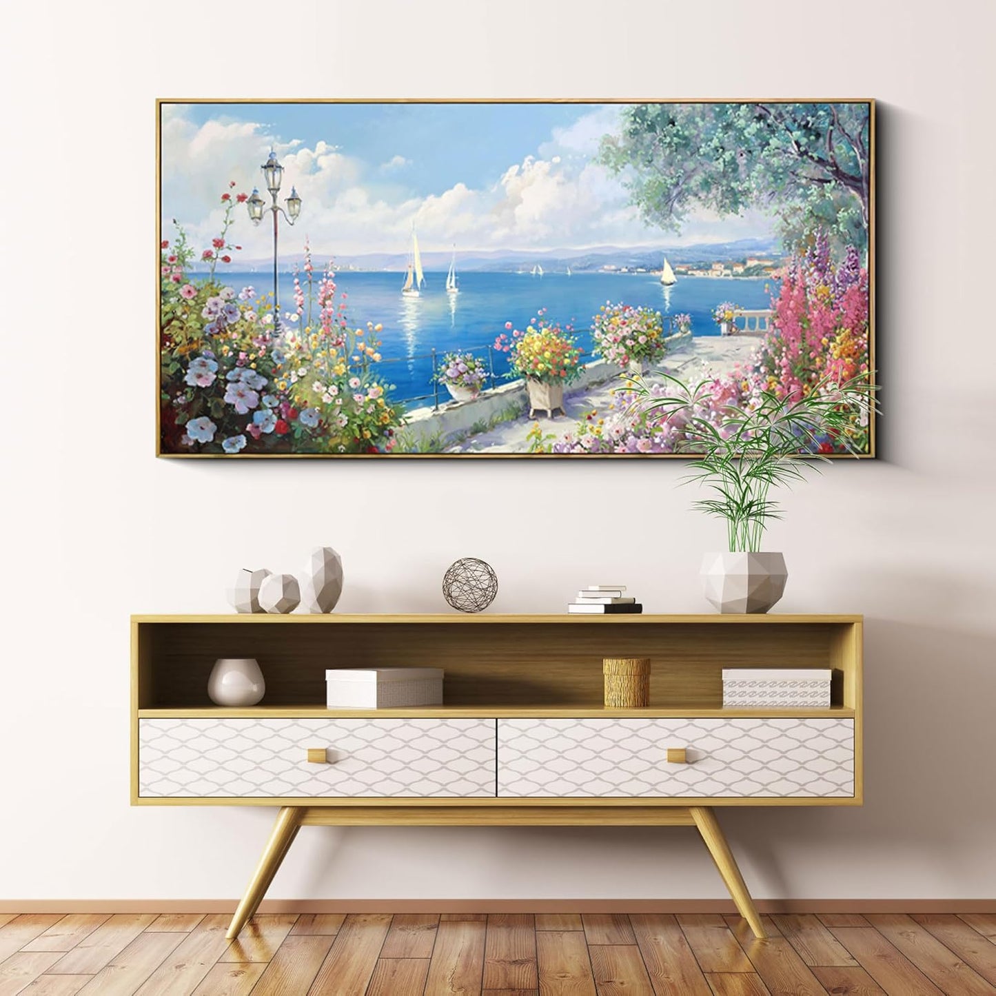 XLSJERST Large Coastal Wall Art - Ocean Seascape Canvas Yellow Green Flowers Painting Landscape Sailboat Picture Artwork Modern Large Framed for Living Room Bedroom Home Office Decor 58x29 Inches