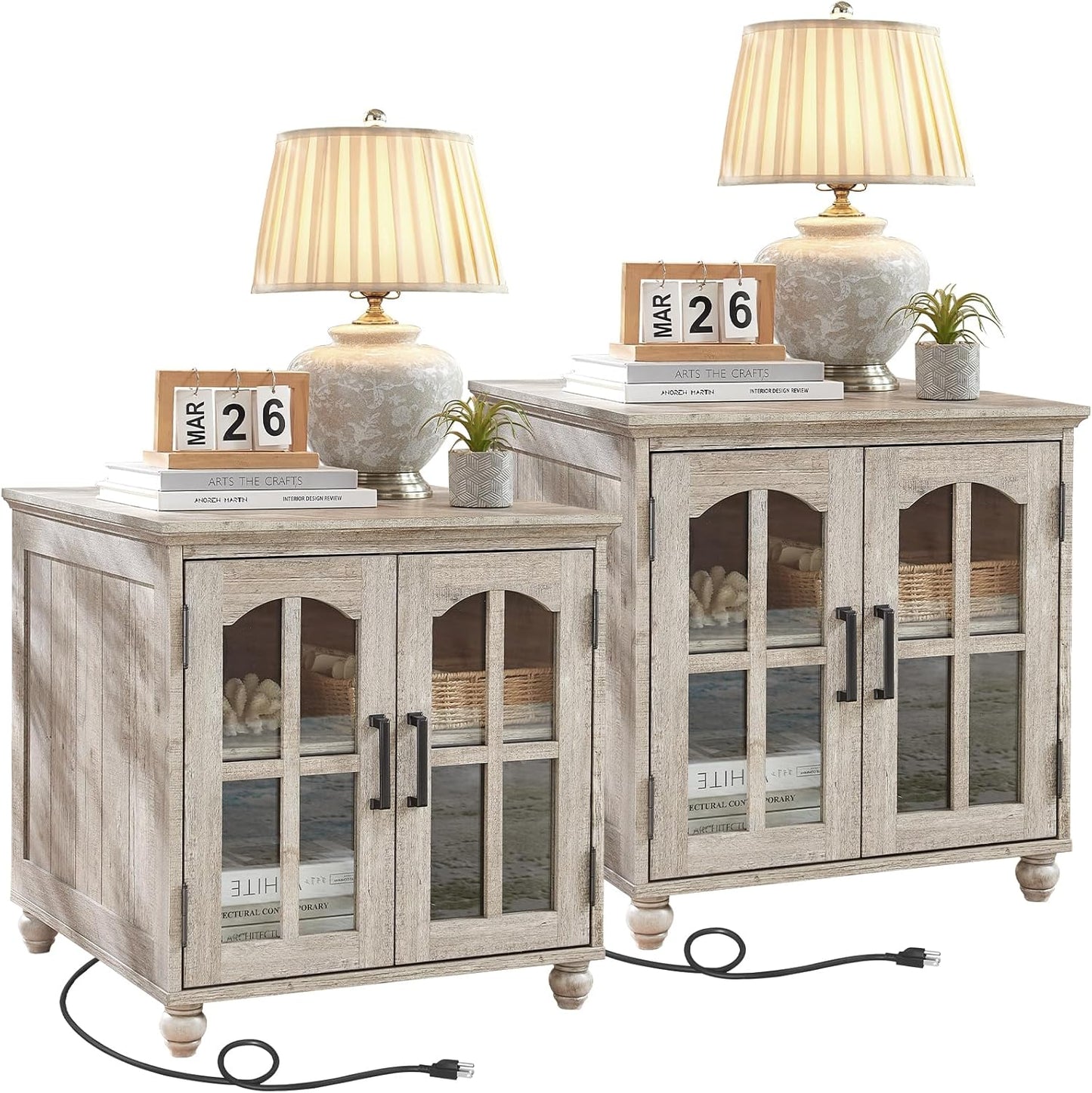 Farmhouse 24" End Table Set of 2 with Charging Station, Large Sofa Side Table with Glass Barn Door,Wood Night Stand with Adjustable Storage Shelf,Square Bedside Table for Living Room,Bedroom