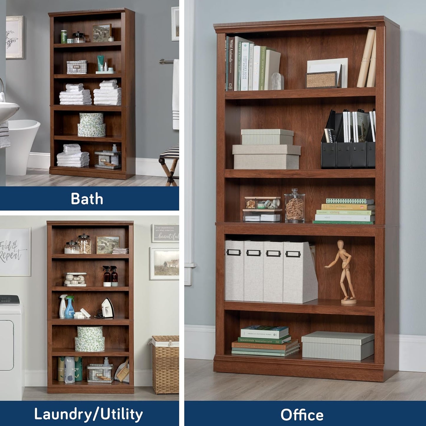 Sauder Miscellaneous Storage 5 Split Bookcase/Book Shelf, L: 35.28" x W: 13.23" x H: 69.76", Oiled Oak finish