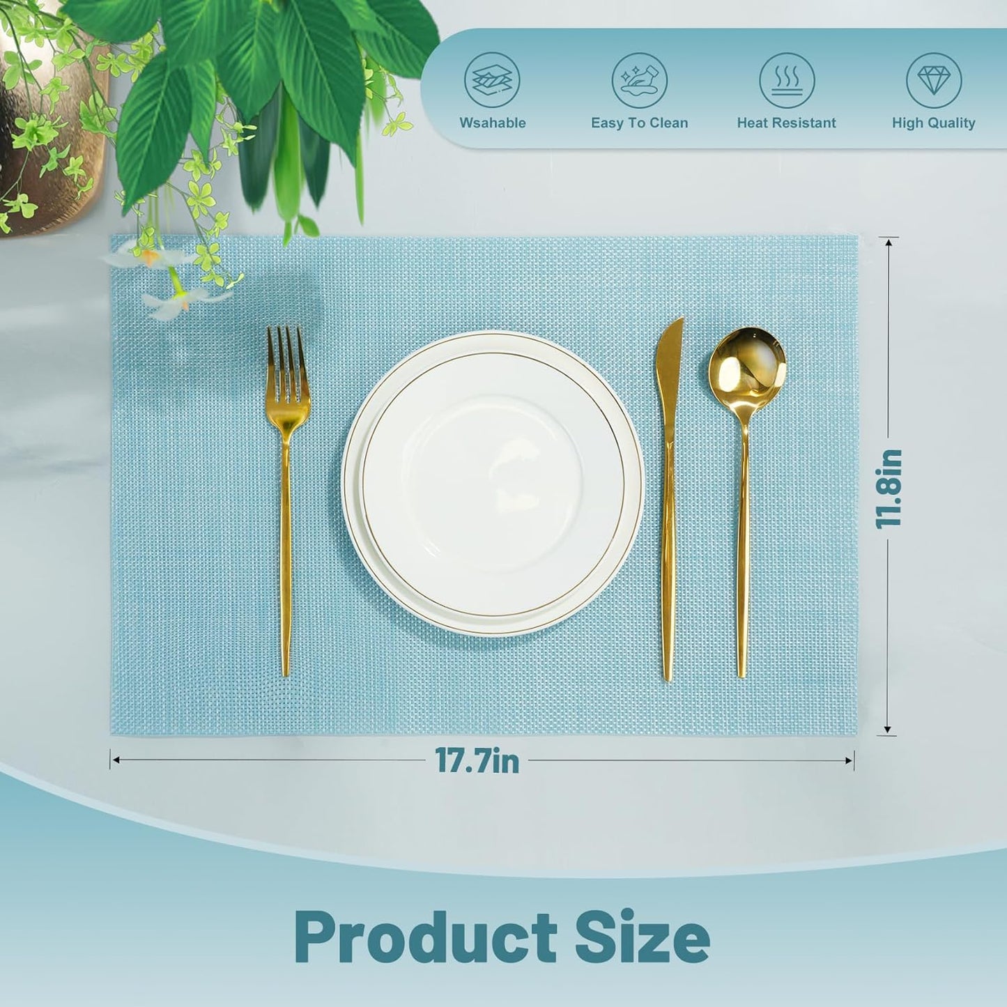 Placemats Set of 6，Non-Slip PVC Weave Table Mats Easy to Clean，Heat Resistant Place Mats for Kitchen Dining Table Decoration Indoor Outdoor，Blue