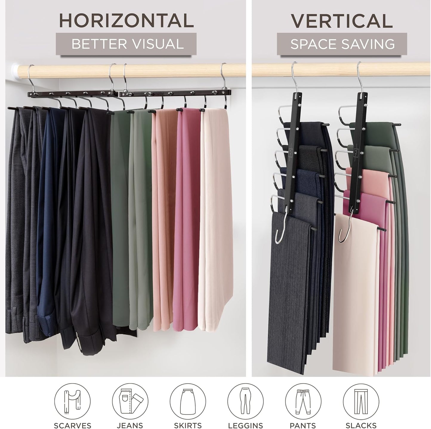 MORALVE Pants Hangers Space Saving - European Beechwood Scarf and Jean Hangers - Closet Organizer and Space Saver Pant Rack, Leggings Hanger, and Scarf Holder with 360° Swivel Hook (1 Pack)