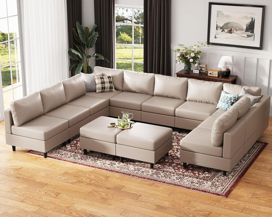 Oversized 145.5" Faux Leather Modular Sectional Sofa, Modern Large 12 Seater U Shaped Couch with Storage Seat with Reversible Chaise Deep Seat for Living Room DIY Combination - Whitesand