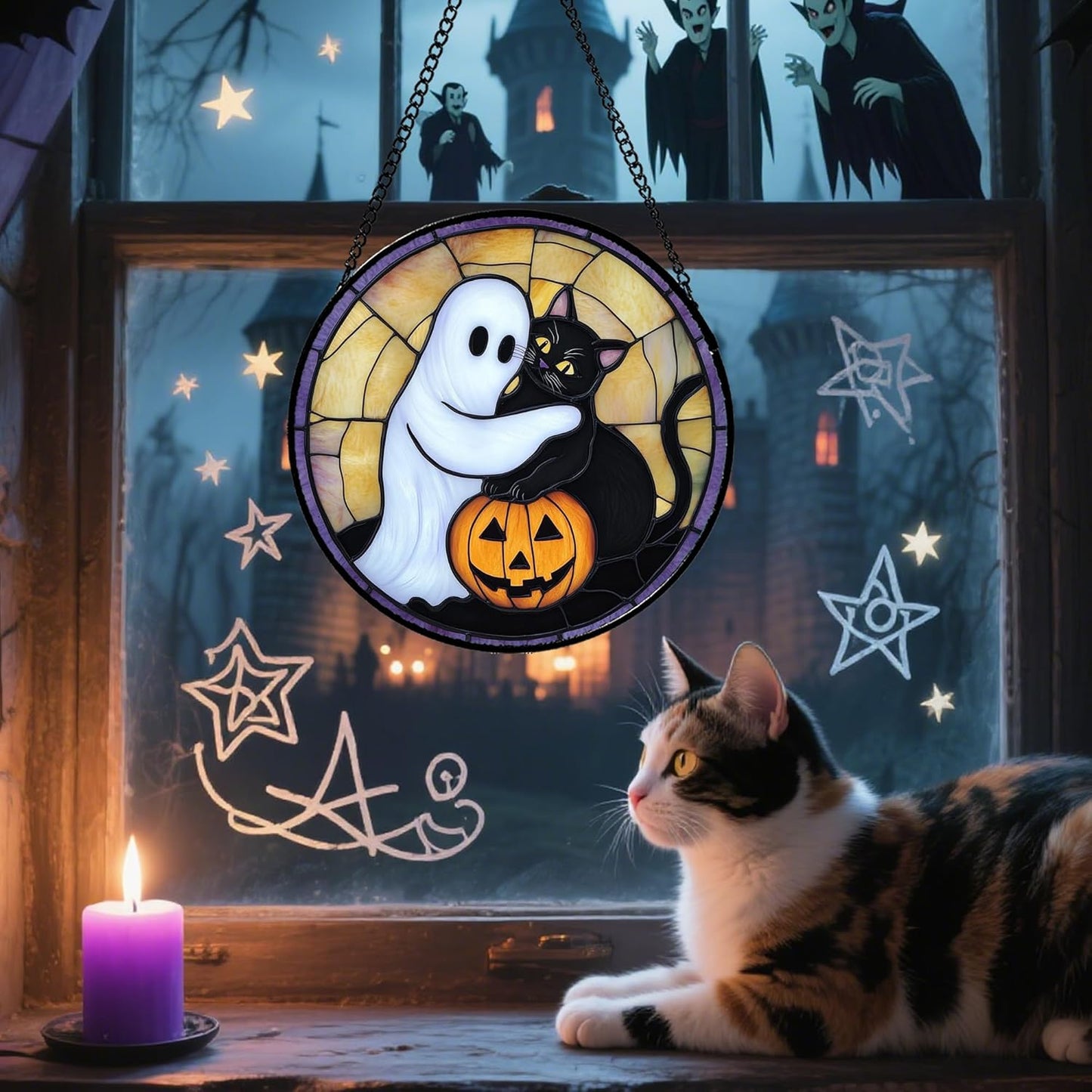 Stained Glass Window Hanging - Halloween Decorations Cute White Ghost Black Cat Suncatcher for Doors Garden Spooky Sun Catchers Gothic Decor Horror Gifts for Women Men Friend Boy 9.8 in