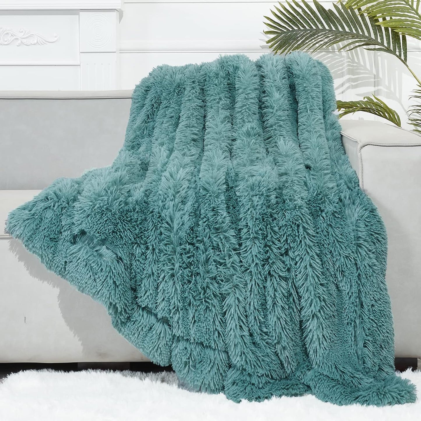 GONAAP Fuzzy Faux Fur Throw Blanket Twin Size Light Teal Super Soft Cozy Plush Fuzzy Shaggy Blanket for Couch Sofa Bed (Light Teal, Twin(60"x80"))
