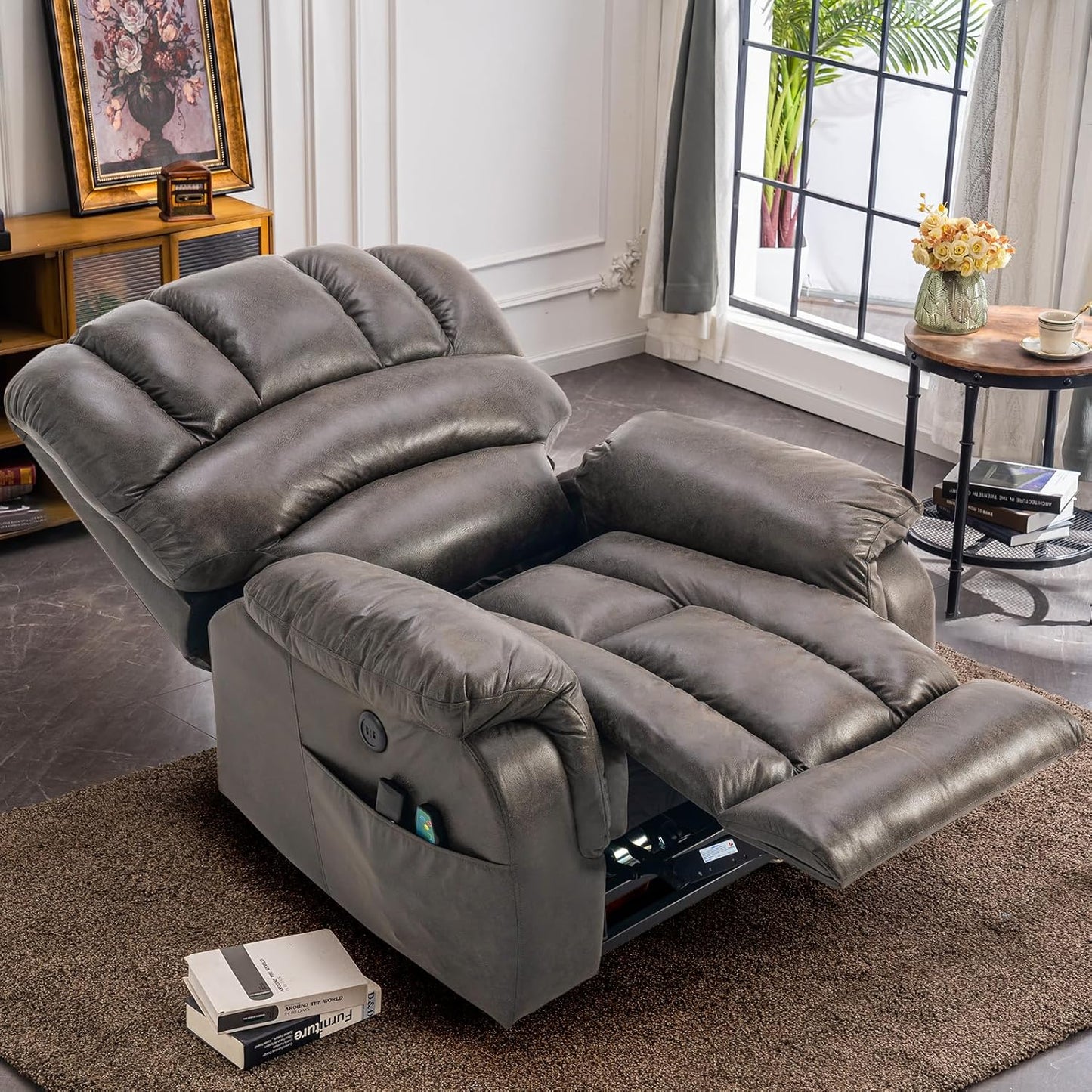 VIVIJASON Large Dual OKIN Motor Lay Flat Sleeper Lift Recliner Chair with Heat & Massage for Elderly, Infinite Position Electric Power Recliner with 2 Remote Controls, Side Pockets & USB Ports, Gray