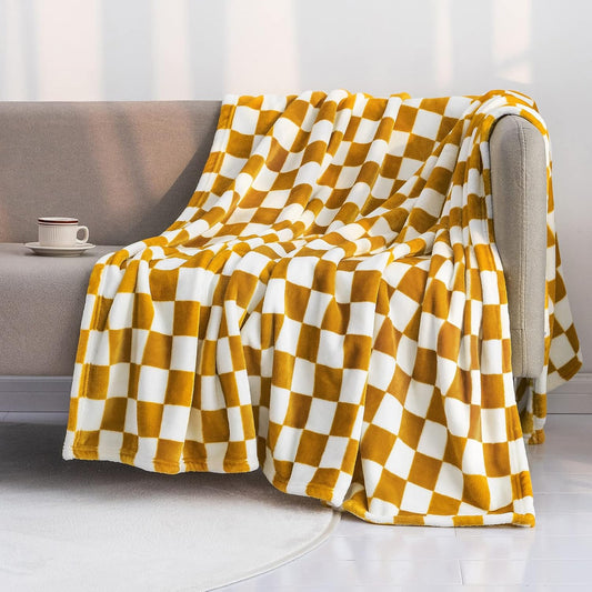LOMAO Throw Blankets Flannel Blanket with Checkerboard Grid Pattern Soft Throw Blanket for Couch, Bed, Sofa Luxurious Warm and Cozy for All Seasons (Yellow, 60"x80")