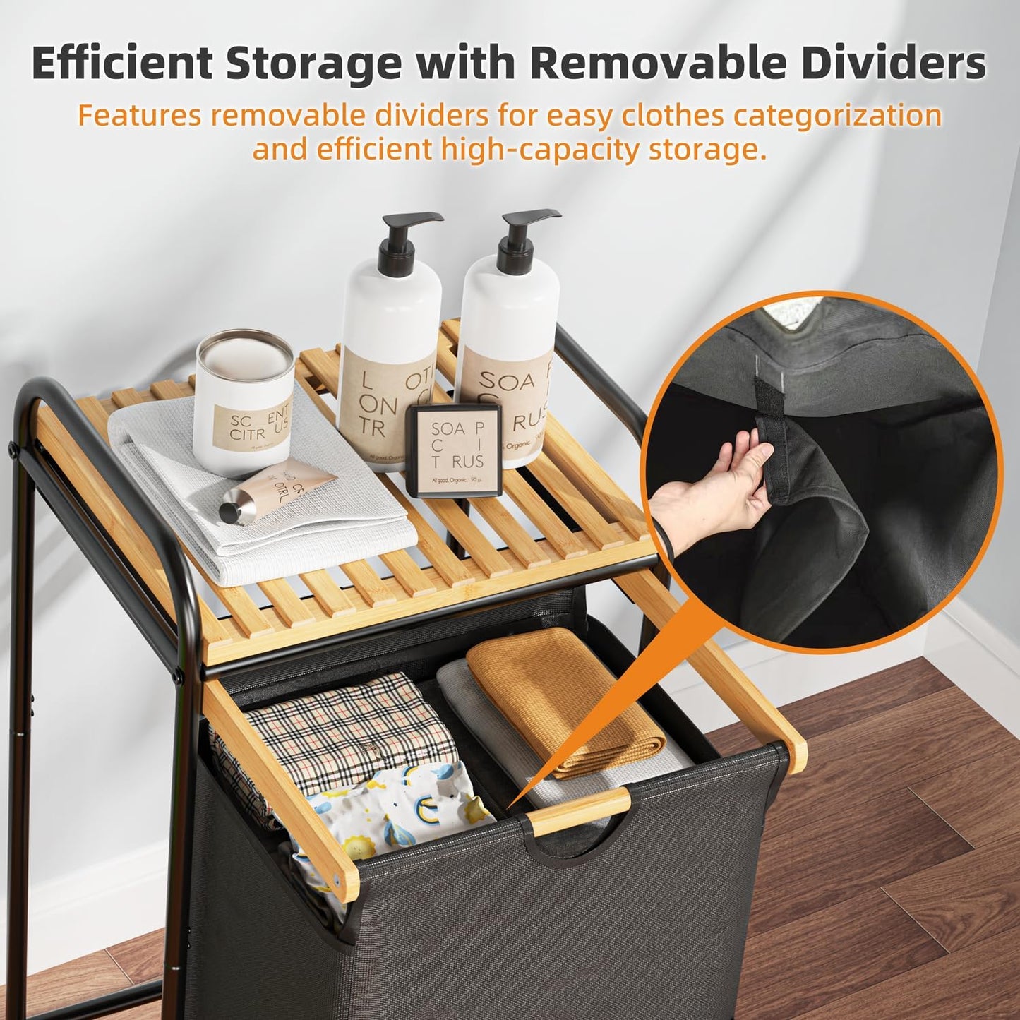 Laundry Hampers 1 Section, Laundry Sorter with Removable Shelf and Pull-Out Bags, Clothes Hampers with Wheels Rolling Cart Basket for Laundry Room Bathroom, 50 L (Black)