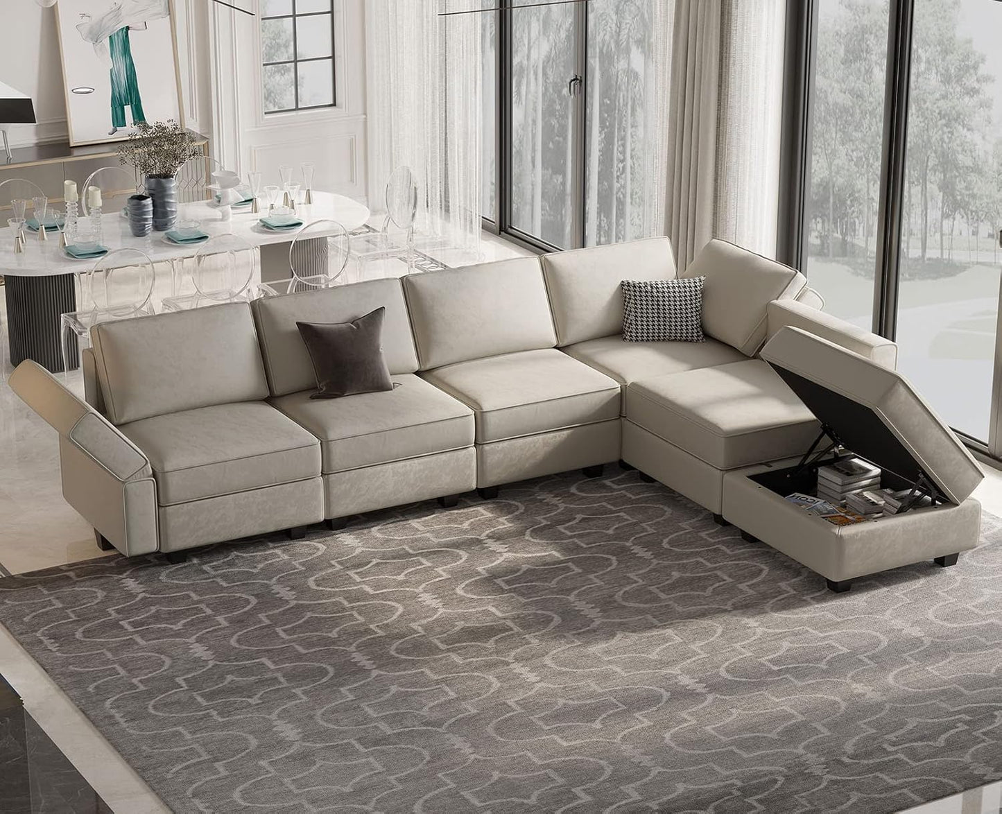 Belffin Modular Velvet Sectional Sofa with Chaise Lounge Sectional Sleeper Sofa with Storage Chaise Bed Couch for Living Room Grey