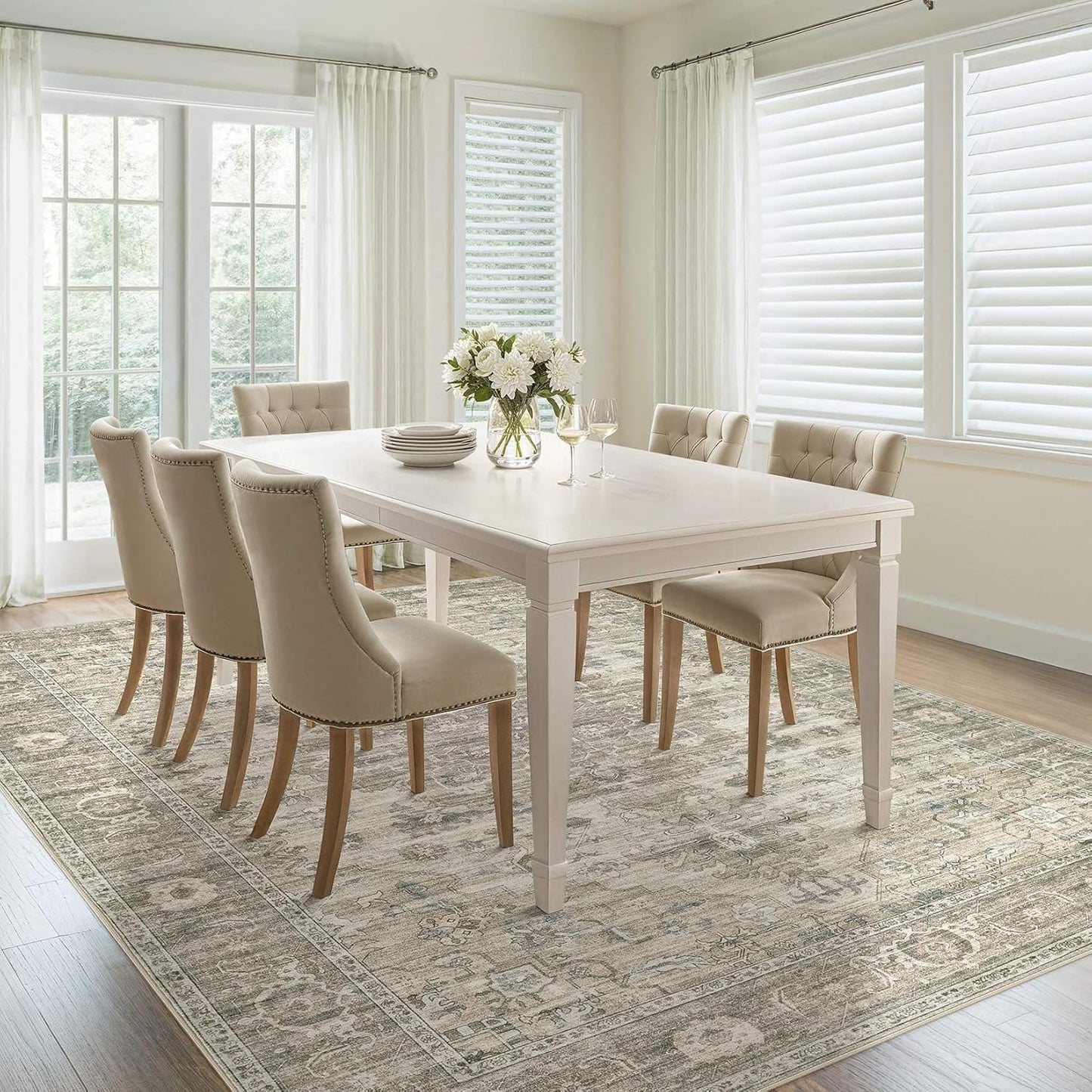 Washable Area Rugs for Living Room -10x13 Neutral Vintage Distressed Floral Farmhouse Boho Large Soft Floor Rug Indoor Non Slip Carpet for Living Room Bedroom Dining Room Office-Brown/Tan