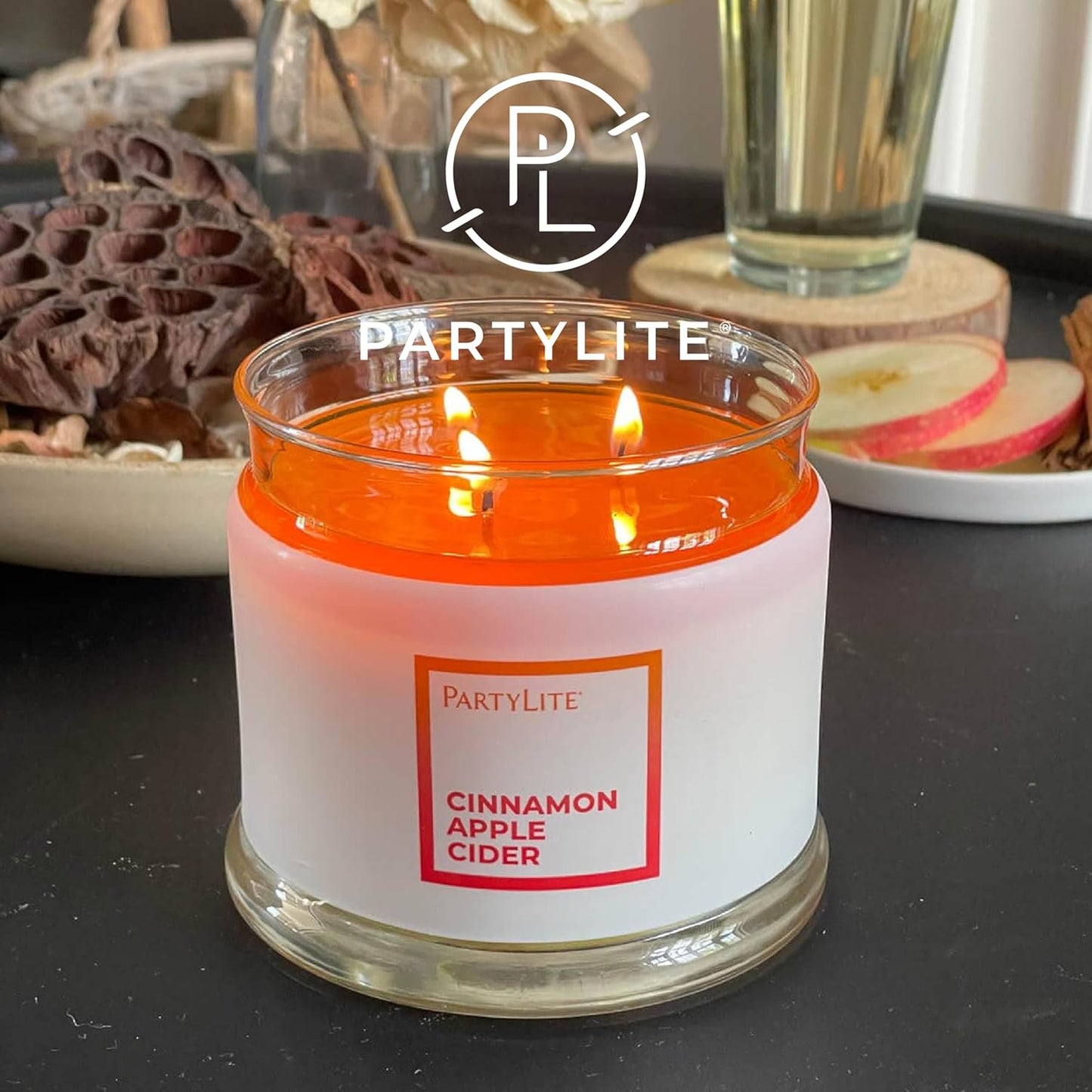 PartyLite 3-Wick Jar Candle, Highly Fragranced Clean Burning Glass Candle, 25-45 Hours Burn Time (Cinnamon Apple Cider)
