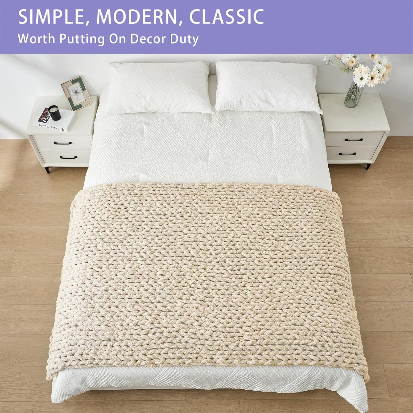 Bigacogo Chunky Knit Throw Blanket for Couch, 40x80 inches, 100% Hand Knitted with Thick Jumbo Chenille Yarn, Cozy Soft Large Rope Knot Cable Crochet Blankets for Sofa Bed Living Room, Beige