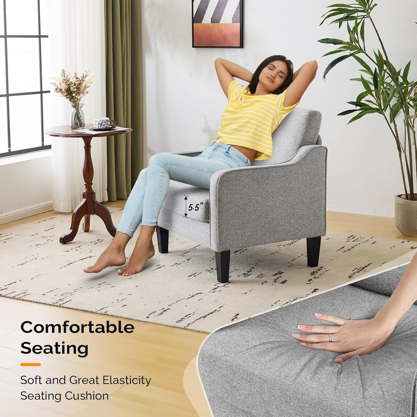 VINGLI Accent Chairs Set of 2 Gray Living Room Chairs Reading Chair for Bedroom Scooped Arm Chair Mid Century Modern Accent Chair Upholstered Comfy Chair for Apartment, Waiting Room