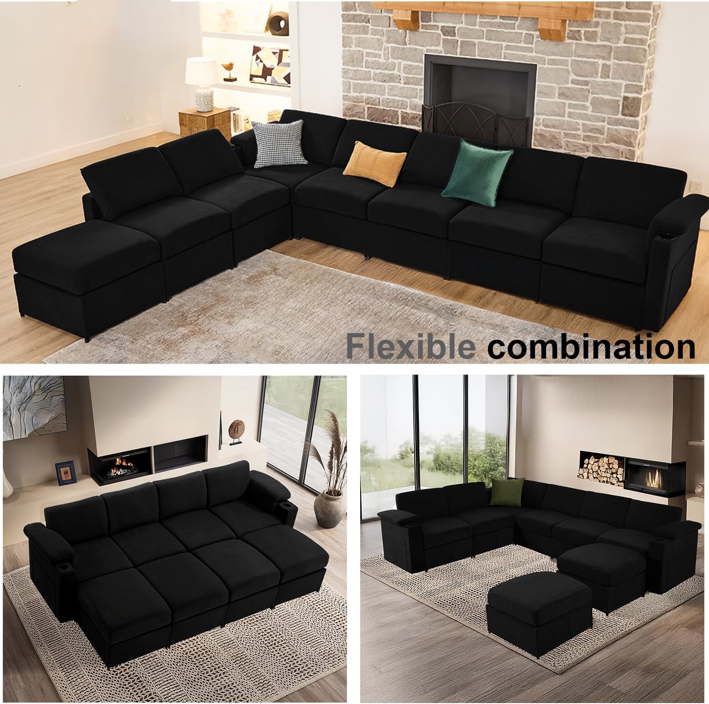 Modular Sectional Sofa Couch for Living Room Velvet Cloud Couches Oversized U Shaped Sectional Couch Convertible Sleeper Sofa Chaise Padded Armrests Cup Holder (Black, 8 Seats)