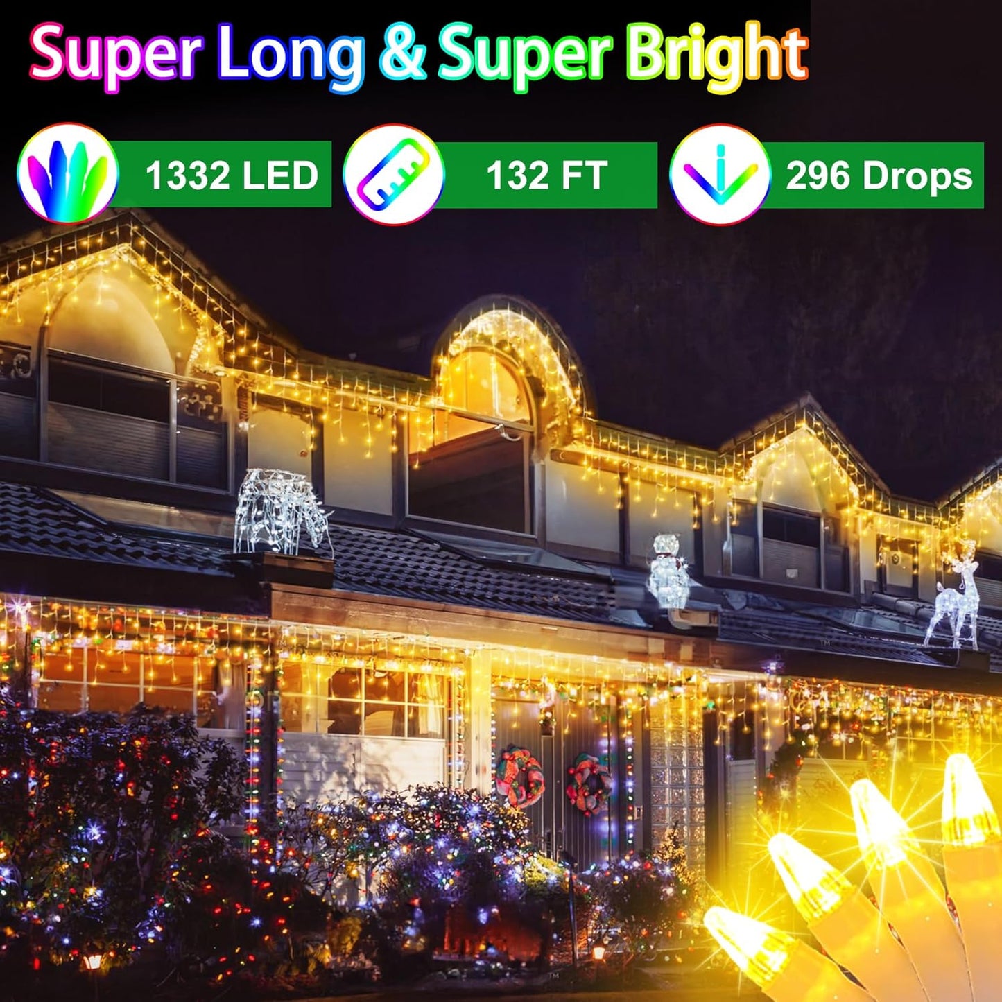 132FT 1332 LED Outdoor Christmas Lights - 296 Ice Drops, 12 Pro Modes with Timer Memory & Brightness, Waterproof Hanging Ice String Light for Holiday Wedding Garden Fence House Decor (Warm White)