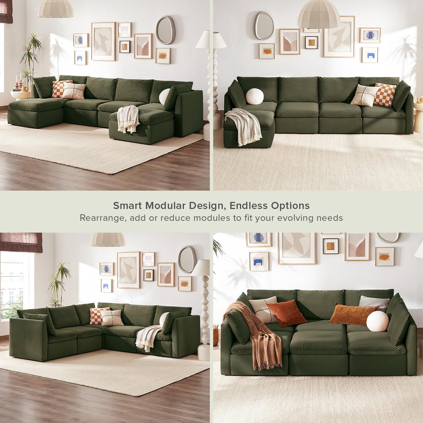 mopio Oversized Modular Sectional Sofa with Fully Removable Covers and Storage, Convertible U, L-Shaped and Sleeper Sectional, Modern Couches with Ottoman Chaise (Olive Green Velvet, 6 Seats, U)