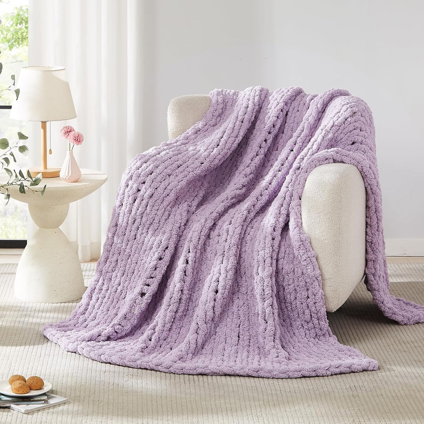 L'AGRATY Chunky Knit Blanket Throw - Soft Chenille Yarn Throw Blanket 30x40：Handmade Thick Cable Knit Crochet Blanket - Large Knit Blanket Chunky Rope Knot Throw Blanket for Couch Sofa Bed Home Decor