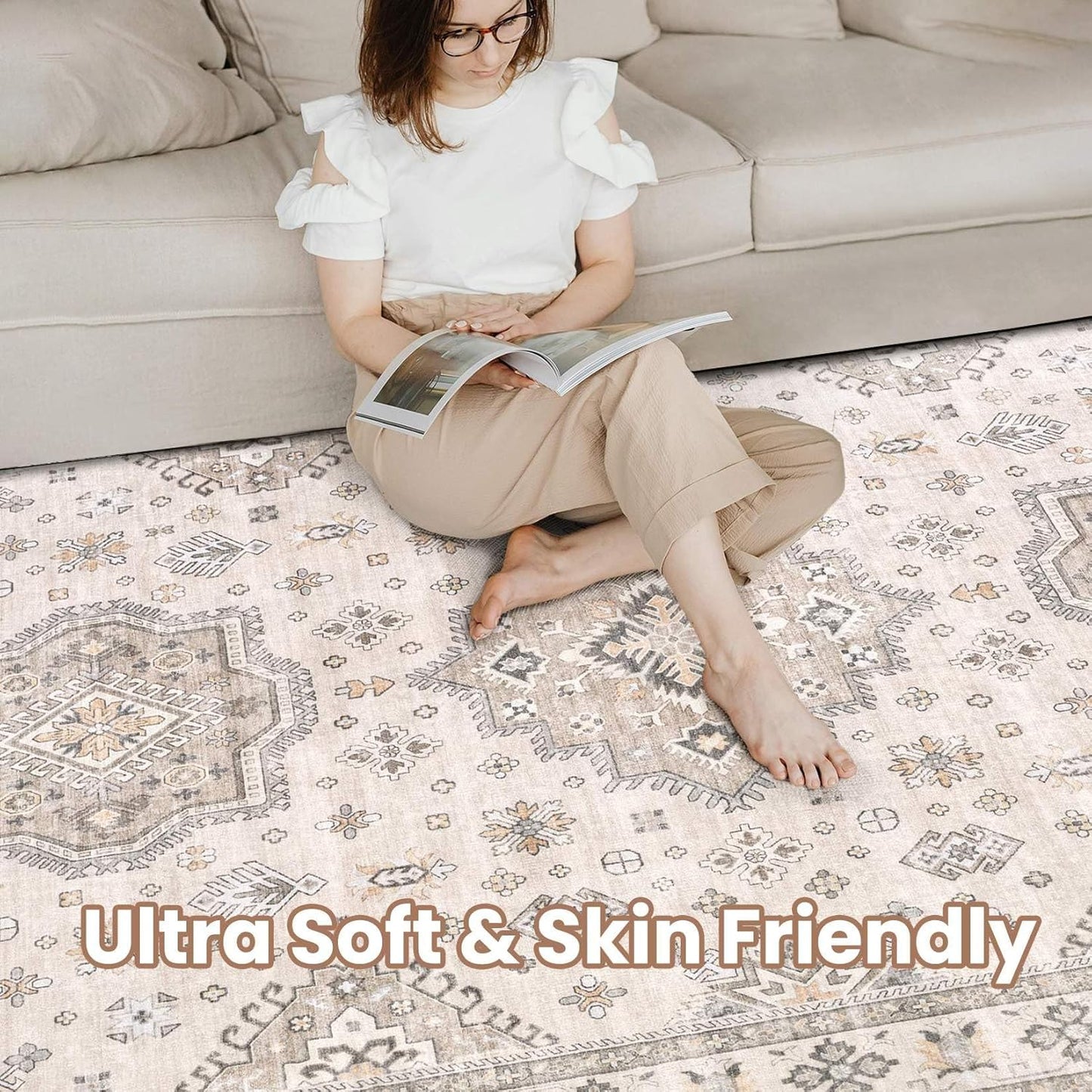 Washable Area Rugs for Living Room - 7x9 Neutral Vintage Distressed Floral Farmhouse Boho Large Soft Floor Rug Indoor Non Slip Carpet for Living Room Bedroom Dining Room Office - Beige Brown