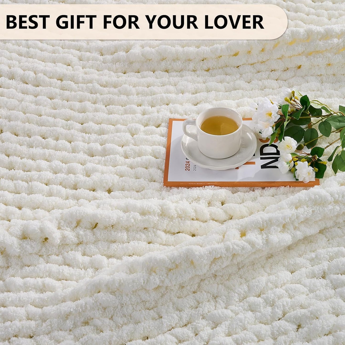 L'AGRATY Chunky Knit Blanket Throw: Soft Chenille Yarn Throw Blanket 50x60 - Handmade Thick Cable Crochet Blanket - Large Chunky Rope Throw Blanket for Couch Sofa Bed Home Decor(Cream White)
