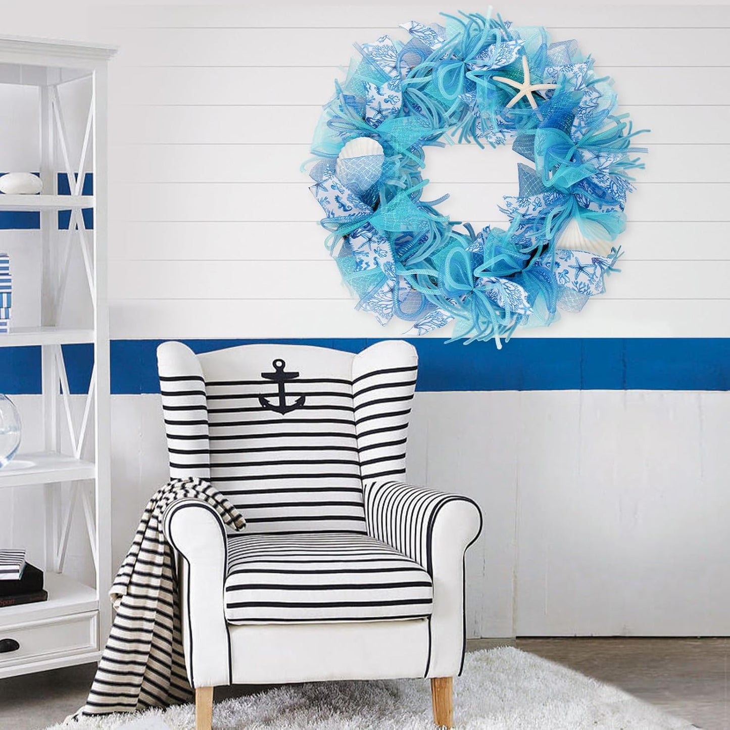 24 Inch Coastal Seashell Large Wreath with Natural Starfish & Scallops Shell, Blue Beach Style Front Door Wreath with for Spring Summer, Farmhouse Rustic Indoor Outdoor Home Wall Wedding Decor