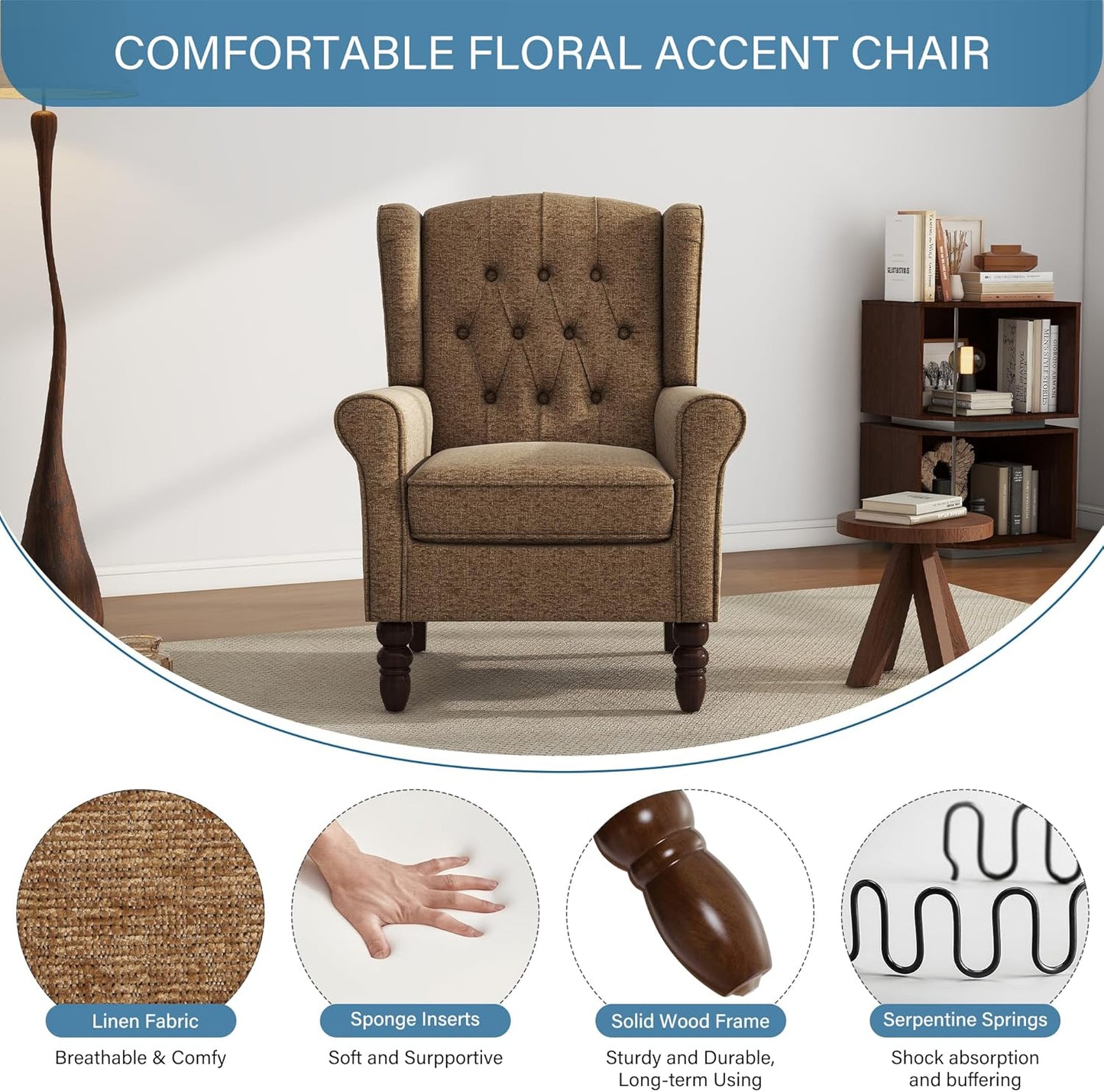 UIXE High Back Accent Chair, Upholstered Armchair in Fabric, Retro Wingback Arm Chair for Living Room, Comfy Single Sofa Bedroom Reading Seat with Solid Wood Legs - Brown