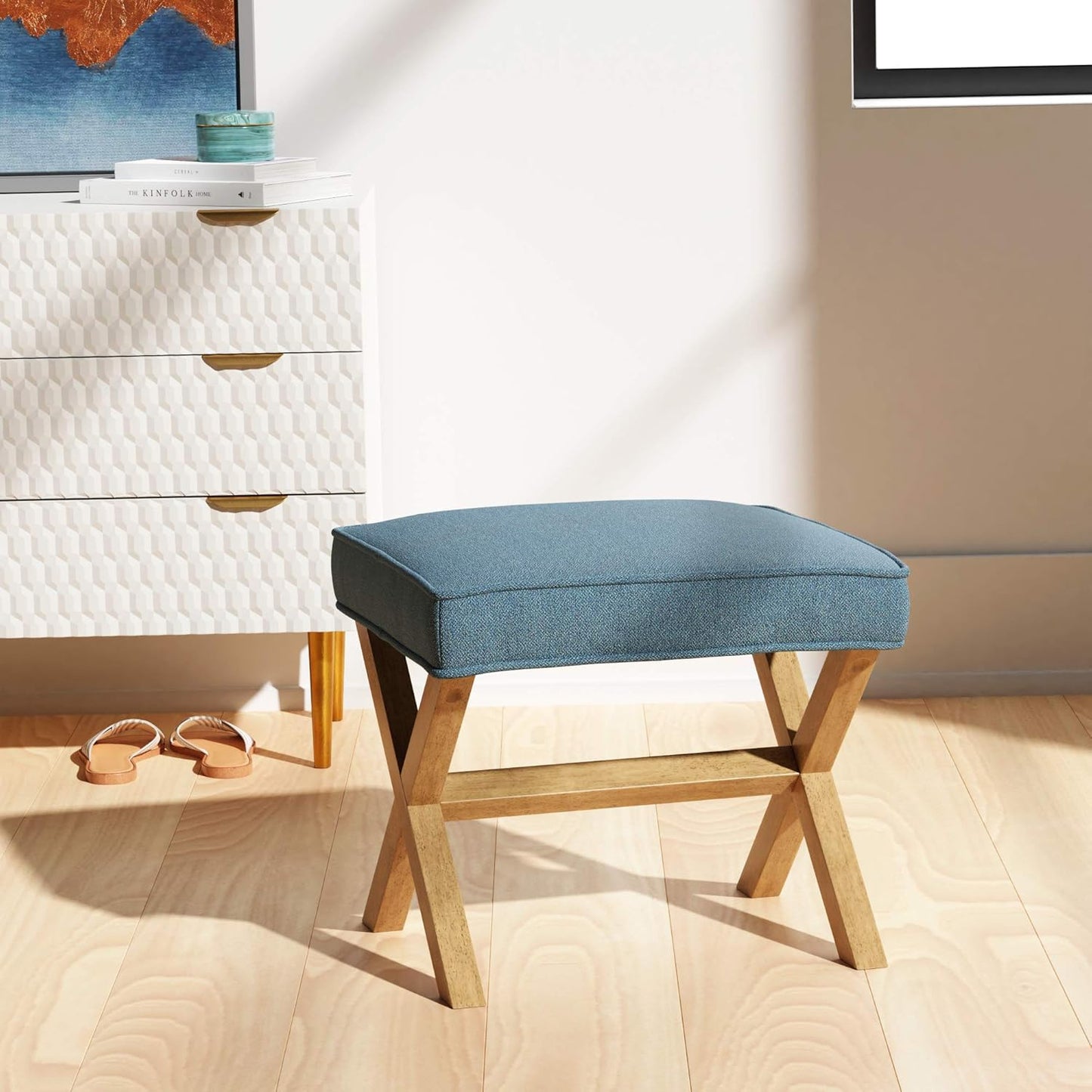 Amazon Basics Small Ottoman Foot Rest, Mid-Century Modern X Square Polyester Foot Stool, Indigo Blue, 20"W x 18"D x 18"H (Previously Rivet Brand)