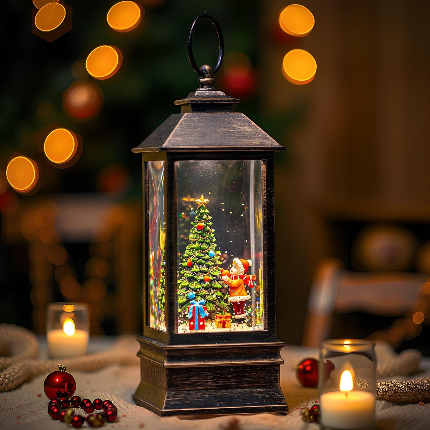 Christmas Snow Globe Lantern Water Glittering Christmas Tree Gifts with Music & Timer, USB Lined/Battery Operated Lighted Lantern for Christmas Festival Decorations